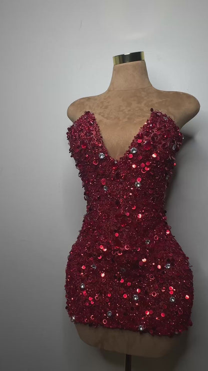 Red Ruby Crystal Sequins Corset Dress